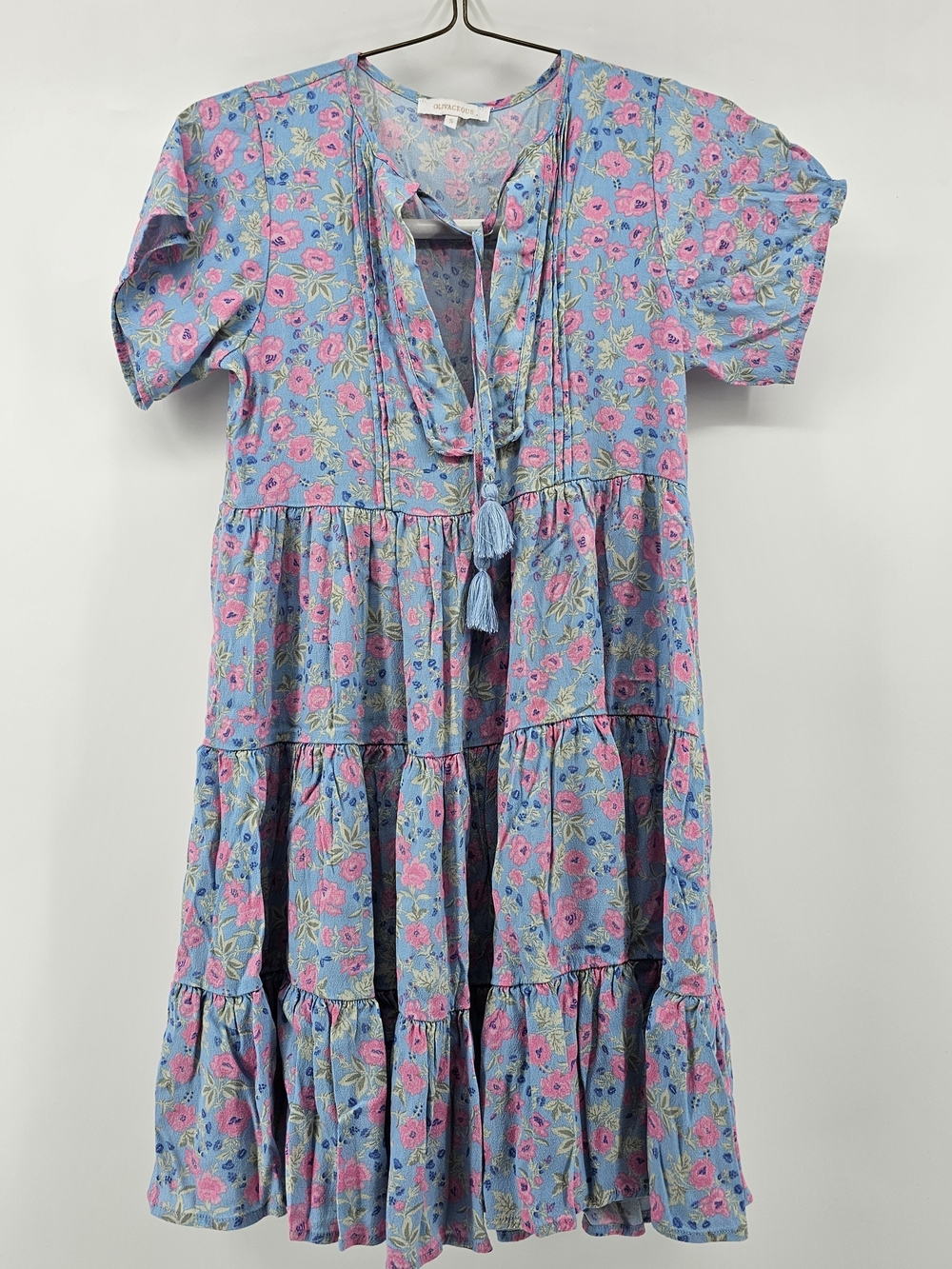 OLIVACEOUS Floral Tiered Mini Dress Size Small Boho Babydoll Ruffle Tassel Blue‎